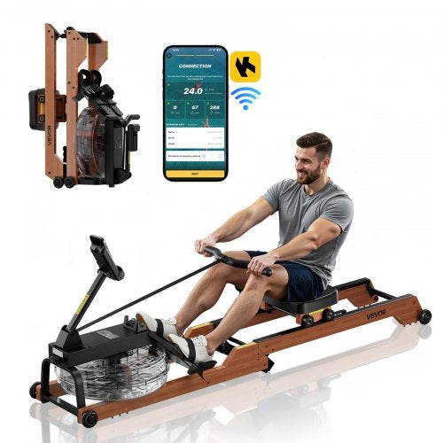 Water Rowing Machine, 6-Level Quiet Resistance, Wooden Foldable Rower