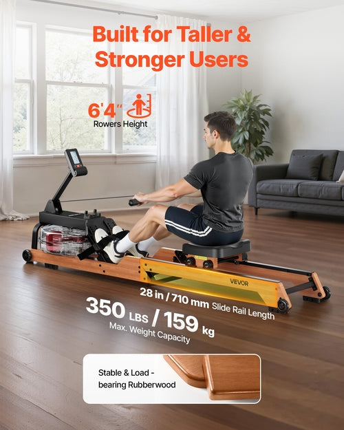 Water Rowing Machine, 6-Level Quiet Resistance, Wooden Foldable Rower