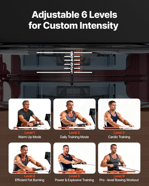 Water Rowing Machine, 6-Level Quiet Resistance, Wooden Foldable Rower