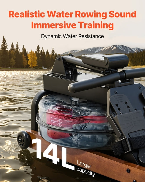 Water Rowing Machine, 6-Level Quiet Resistance, Wooden Foldable Rower