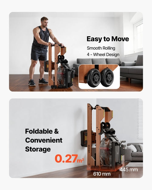 Water Rowing Machine, 6-Level Quiet Resistance, Wooden Foldable Rower