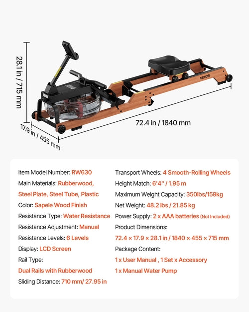 Water Rowing Machine, 6-Level Quiet Resistance, Wooden Foldable Rower