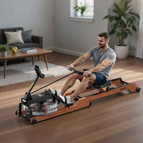 Water Rowing Machine, 6-Level Quiet Resistance, Wooden Foldable Rower