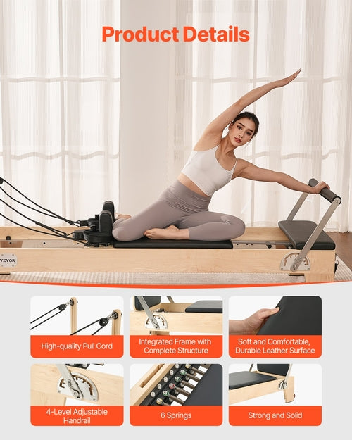 Pilates Reformer Machine, Wooden Pilates Workout Equipment for Home