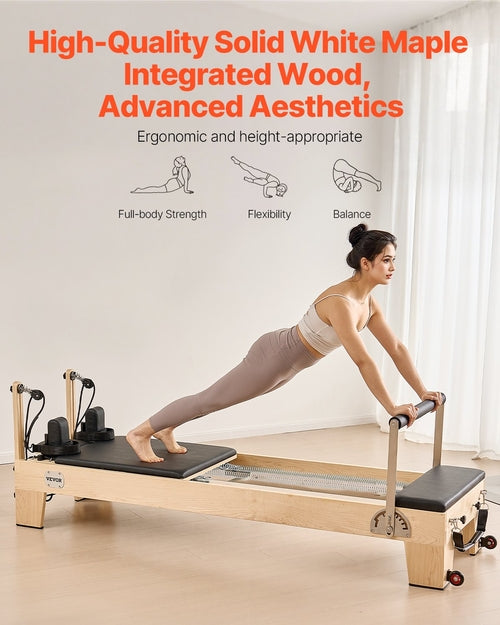 Pilates Reformer Machine, Wooden Pilates Workout Equipment for Home