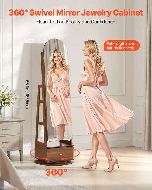 360° Swivel Jewelry Cabinet, 1655 mm Tall, Full-Length Mirror with