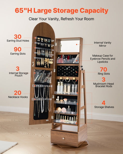 360° Swivel Jewelry Cabinet, 1655 mm Tall, Full-Length Mirror with