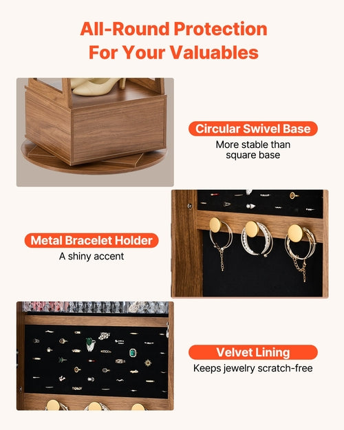 360° Swivel Jewelry Cabinet, 1655 mm Tall, Full-Length Mirror with