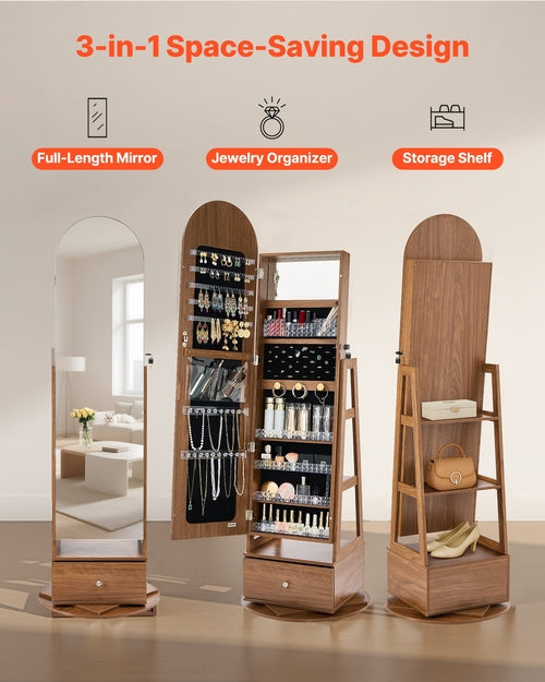 360° Swivel Jewelry Cabinet, 1655 mm Tall, Full-Length Mirror with