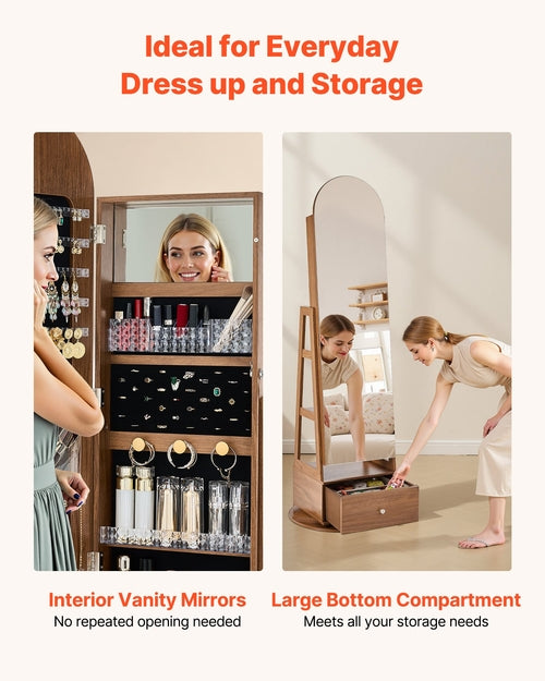 360° Swivel Jewelry Cabinet, 1655 mm Tall, Full-Length Mirror with