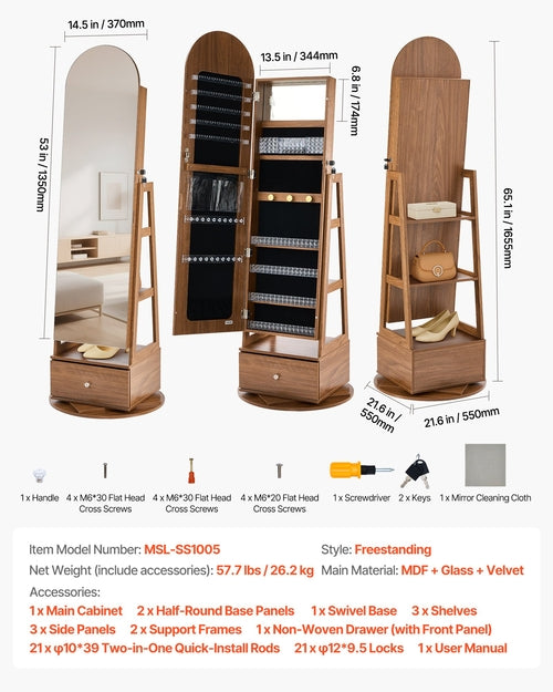360° Swivel Jewelry Cabinet, 1655 mm Tall, Full-Length Mirror with